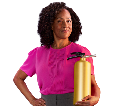 Woman holding fire extinguisher with smoke behind her