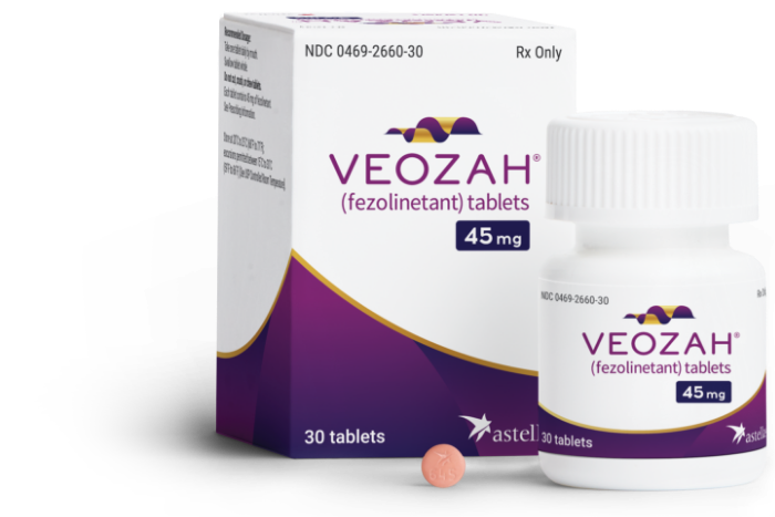 VEOZAH® (fezolinetant) sample box, sample bottle, and tablet