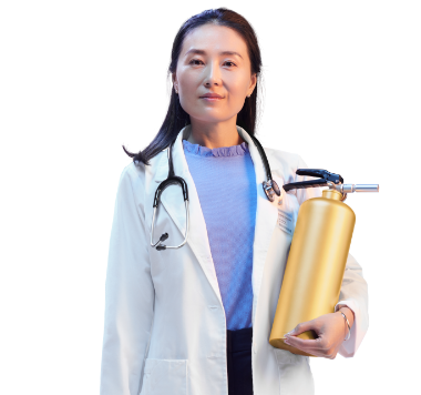 Doctor holding fire extinguisher with smoke behind her