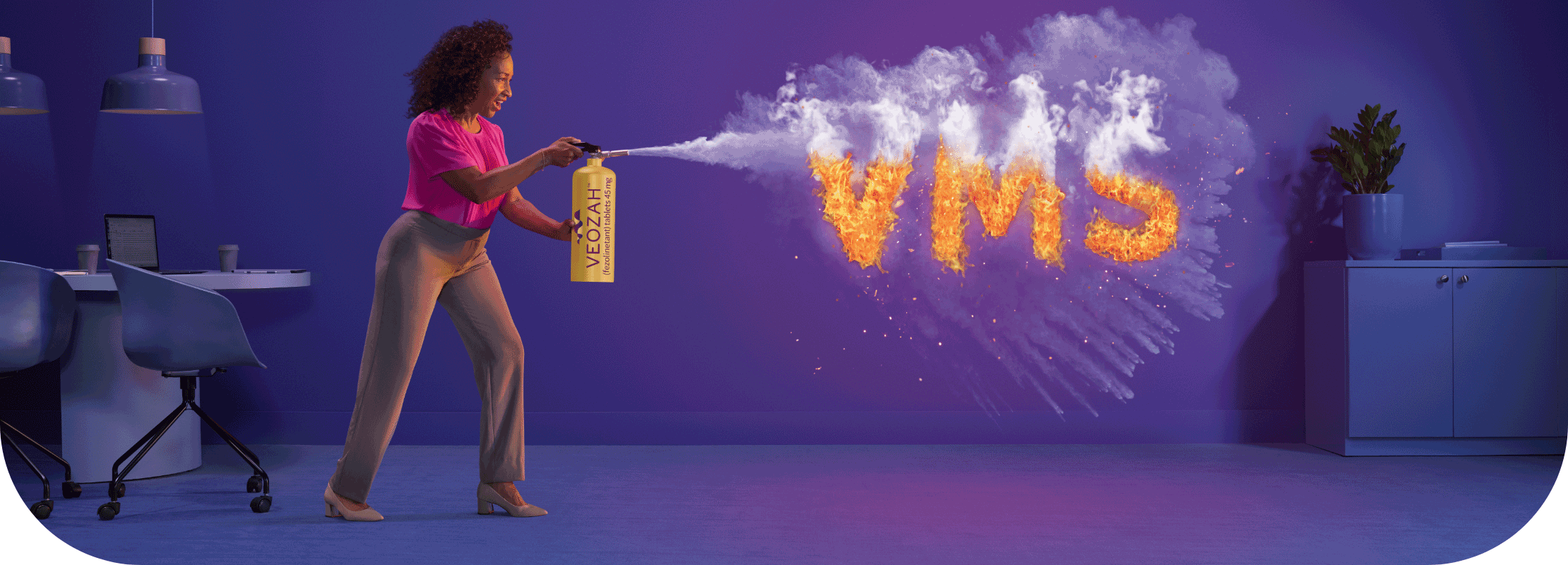 Woman spraying VEOZAH™ (fezolinetant) logo fire extinguisher in office